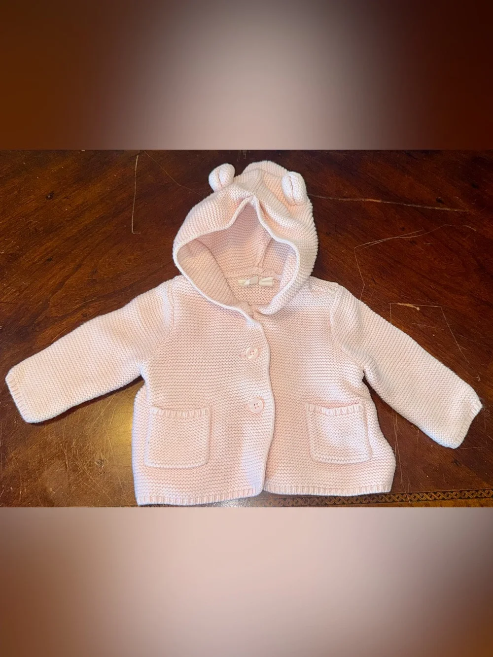 Gap Baby Girl Pink Knit Bear Ear Hooded Cardigan Sweater | 12M | Light Pink